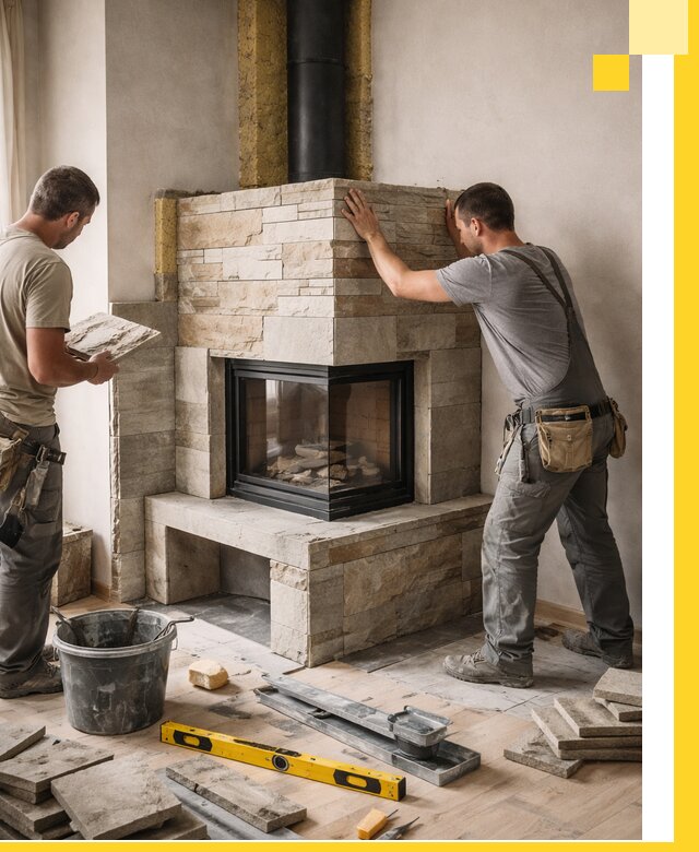 Угловые камины под ключ проект, монтаж и отделка в Лениногорске